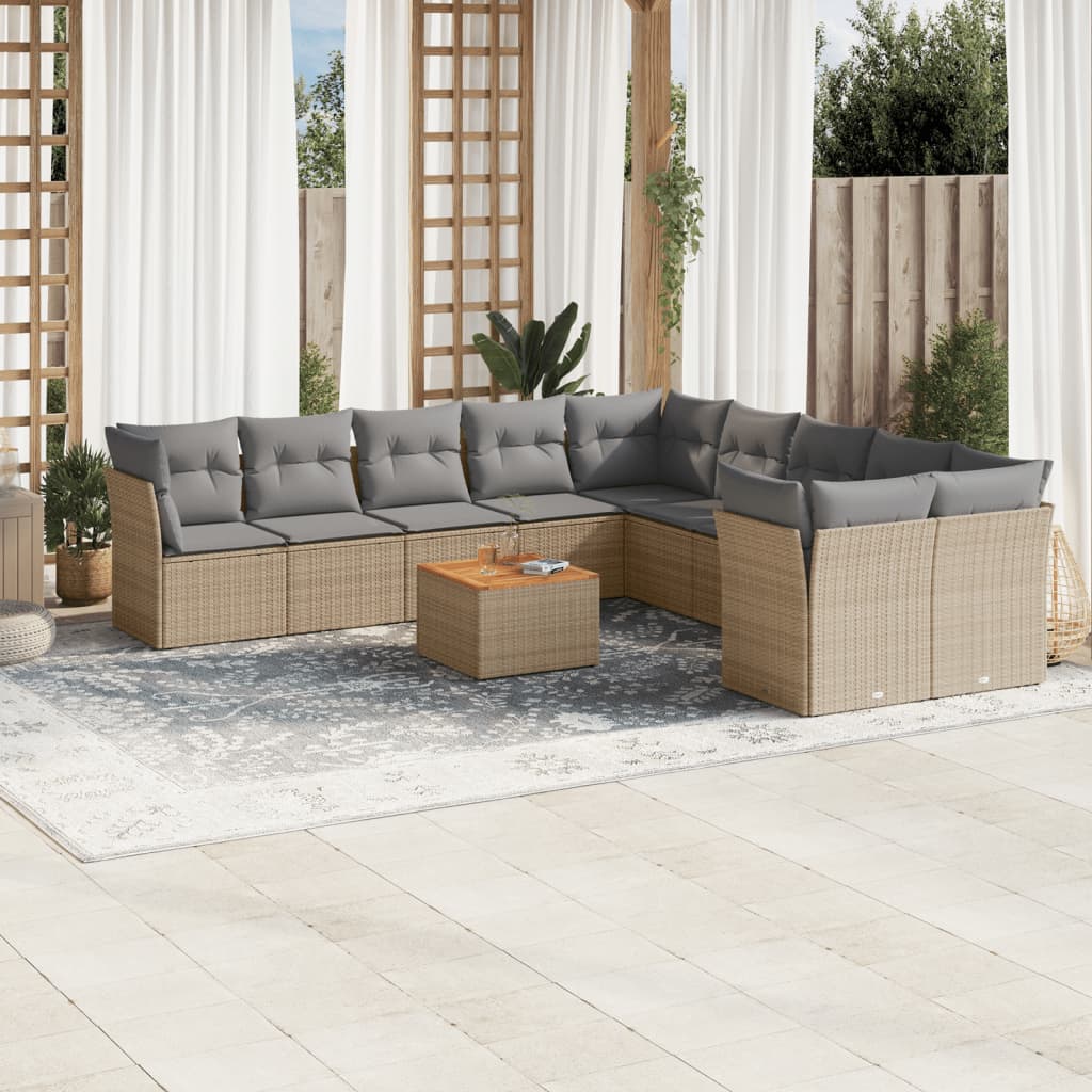 Salon de jardin et coussins 11 pcs mélange beige résine tressée