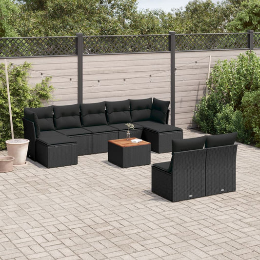 Salon de jardin 10 pcs avec coussins noir résine tressée