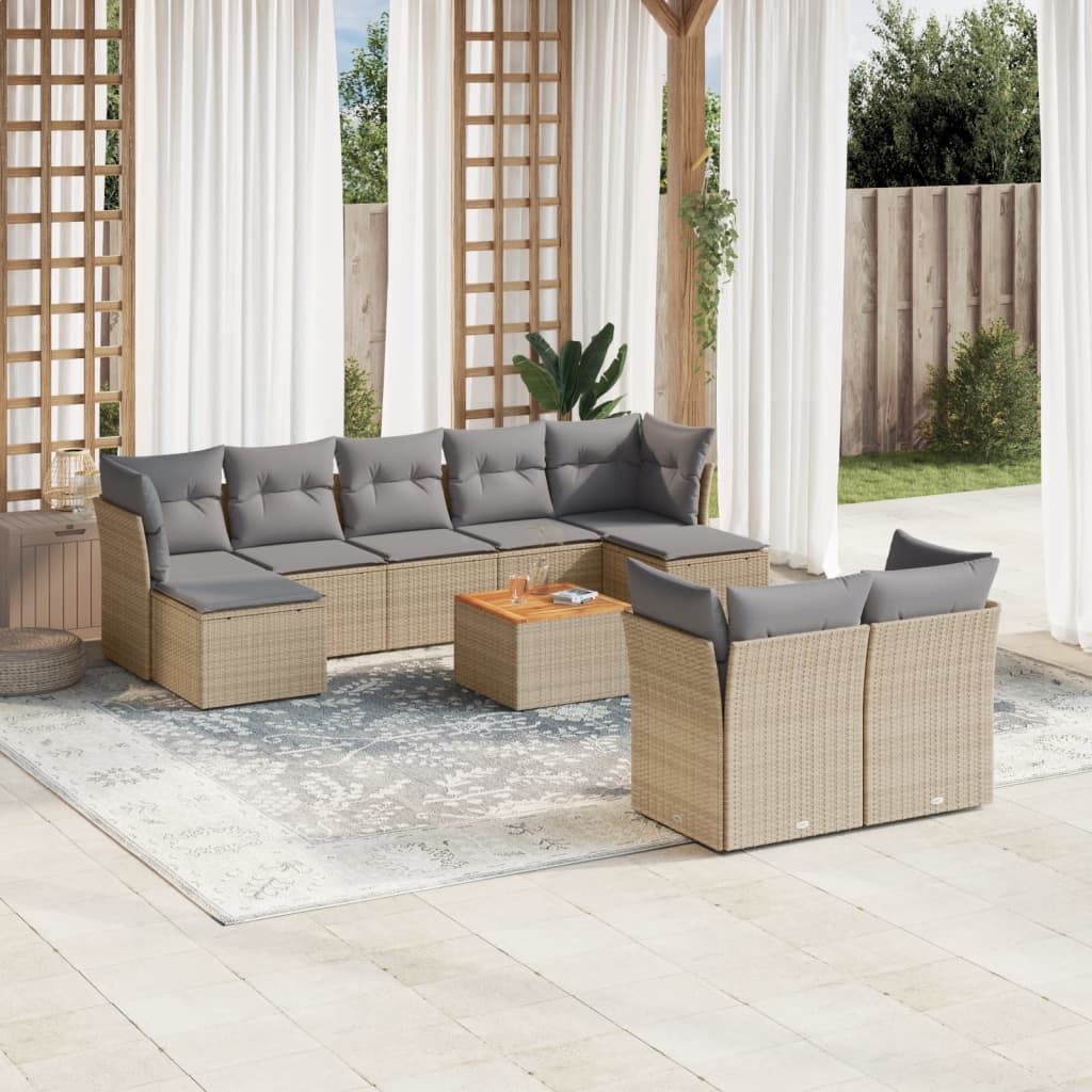 Salon de jardin et coussins 10 pcs mélange beige résine tressée