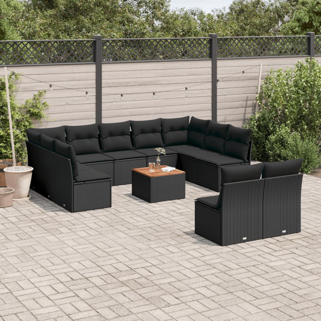 Salon de jardin 12 pcs avec coussins noir résine tressée