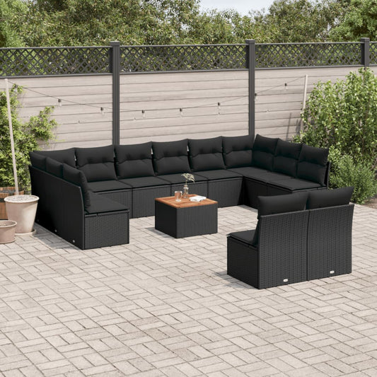 Salon de jardin avec coussins 13 pcs noir résine tressée