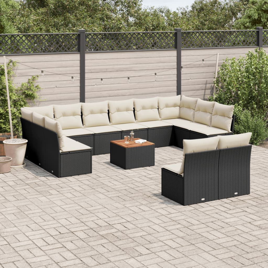 Salon de jardin avec coussins 13 pcs noir résine tressée