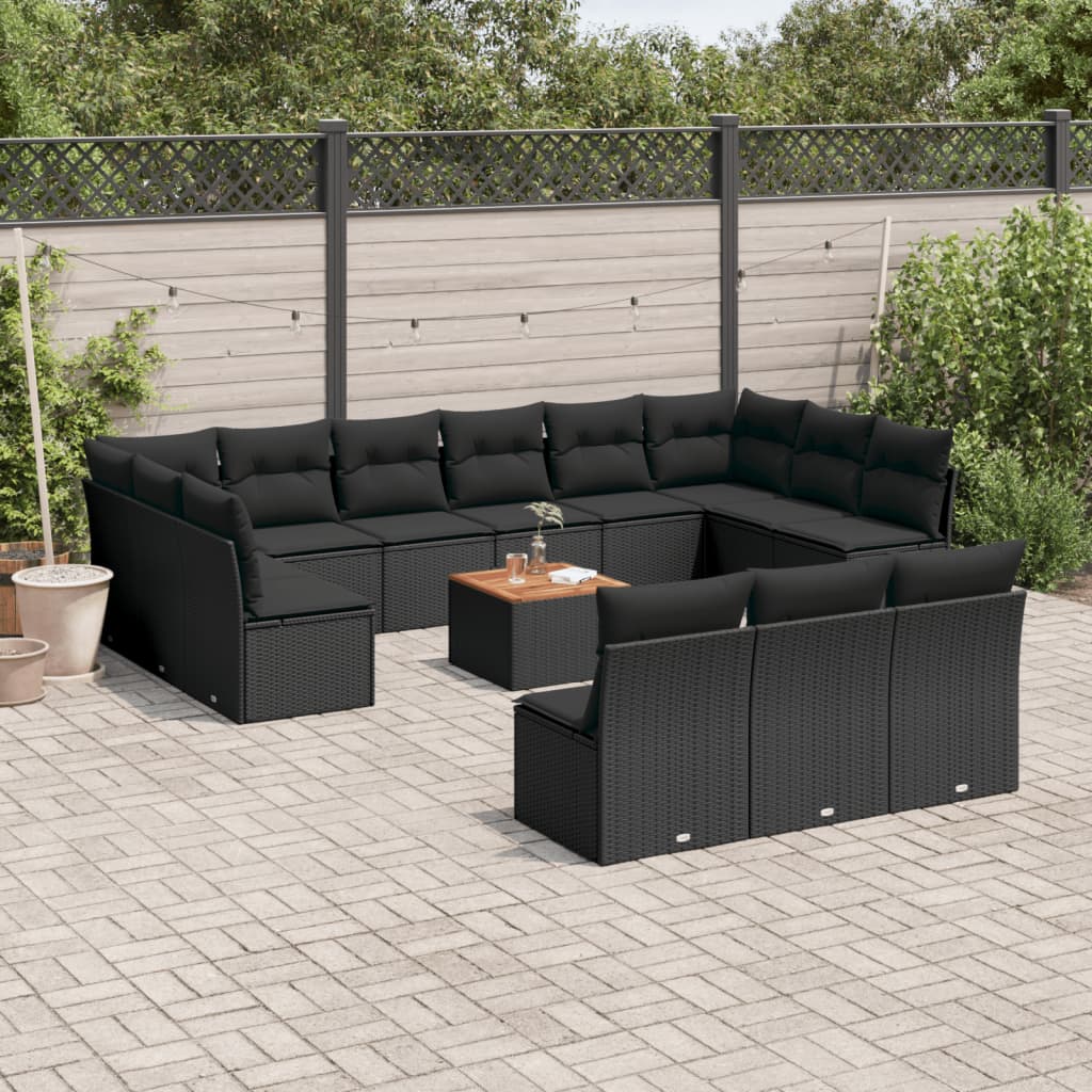 Salon de jardin avec coussins 14 pcs noir résine tressée