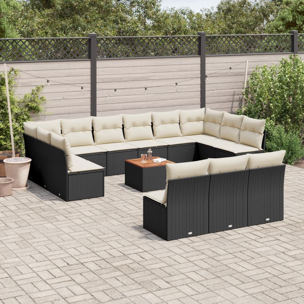 Salon de jardin avec coussins 14 pcs noir résine tressée