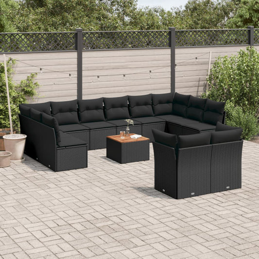 Salon de jardin avec coussins 13 pcs noir résine tressée