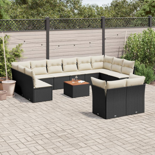 Salon de jardin avec coussins 13 pcs noir résine tressée