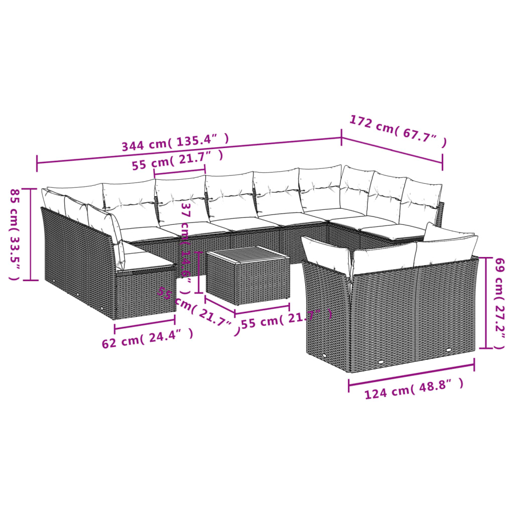 Salon de jardin avec coussins 13 pcs gris résine tressée