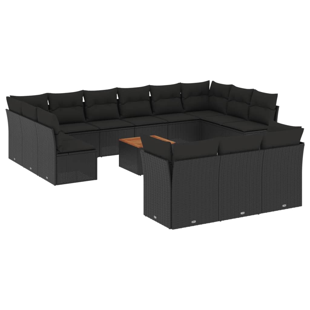 Salon de jardin avec coussins 14 pcs noir résine tressée