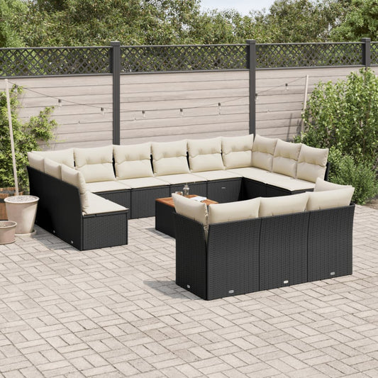 Salon de jardin avec coussins 14 pcs noir résine tressée