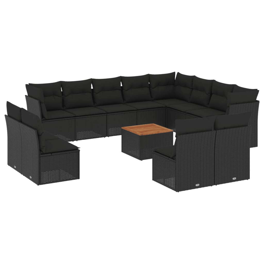 Salon de jardin avec coussins 13 pcs noir résine tressée