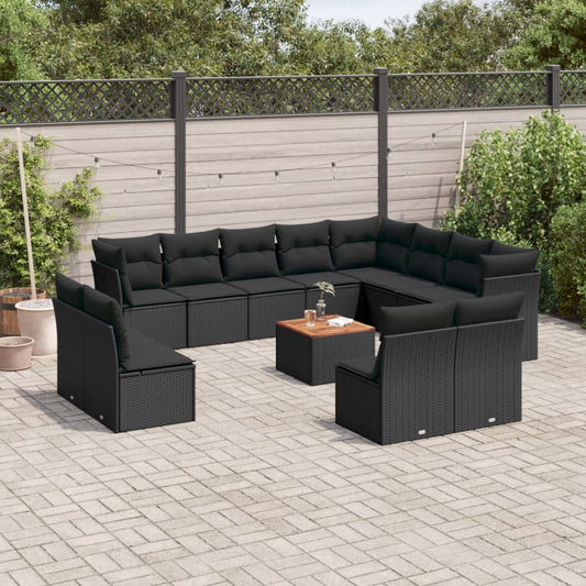 Salon de jardin avec coussins 13 pcs noir résine tressée