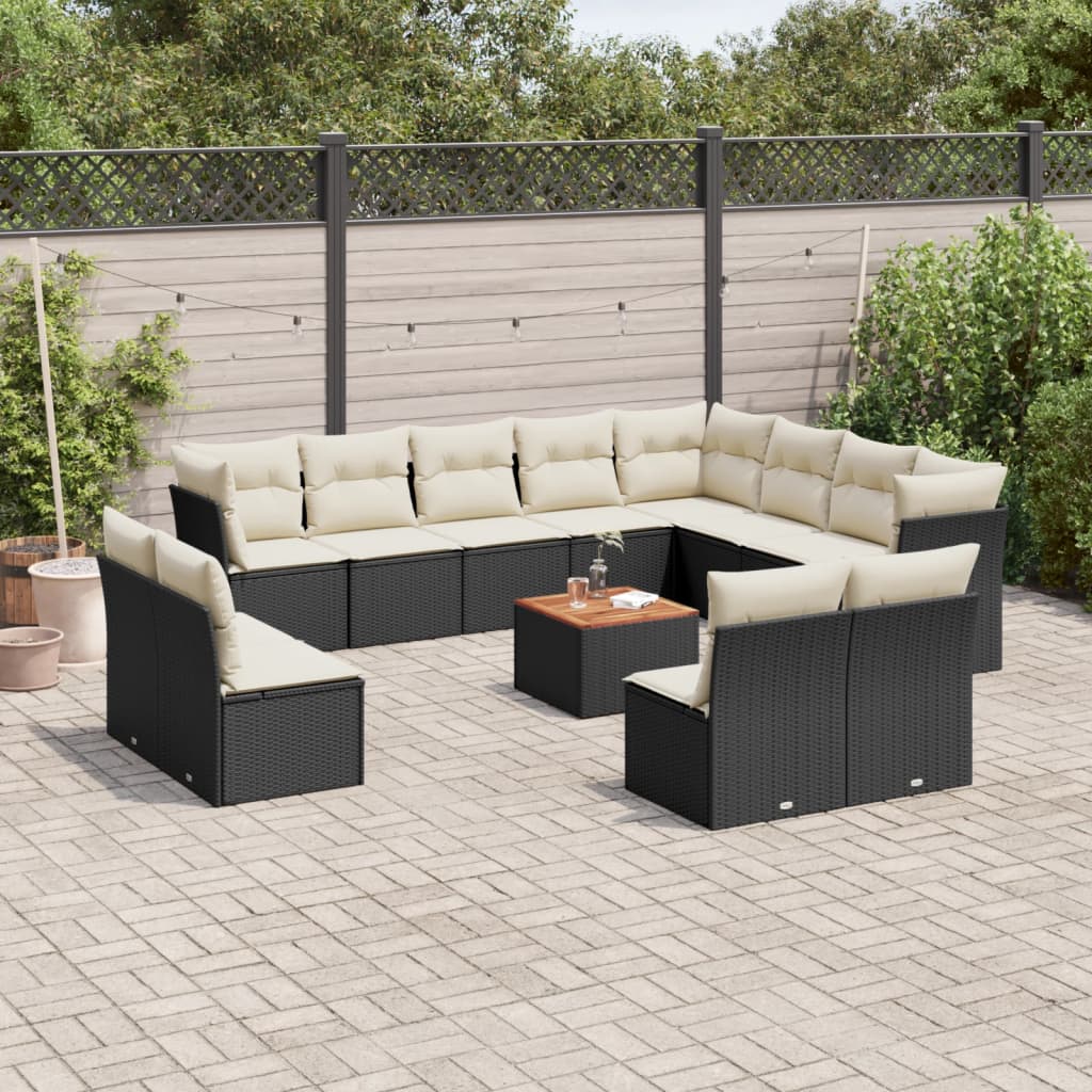 Salon de jardin avec coussins 13 pcs noir résine tressée