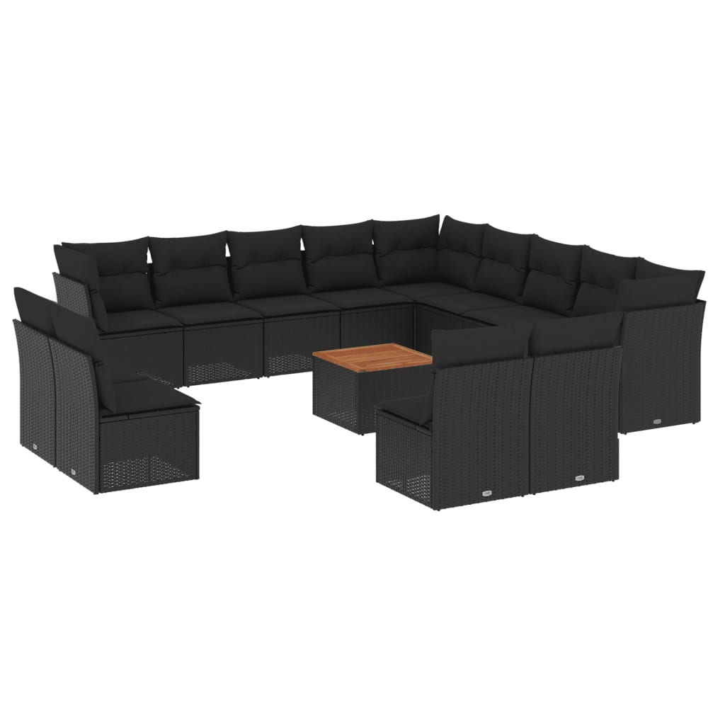 Salon de jardin avec coussins 14 pcs noir résine tressée