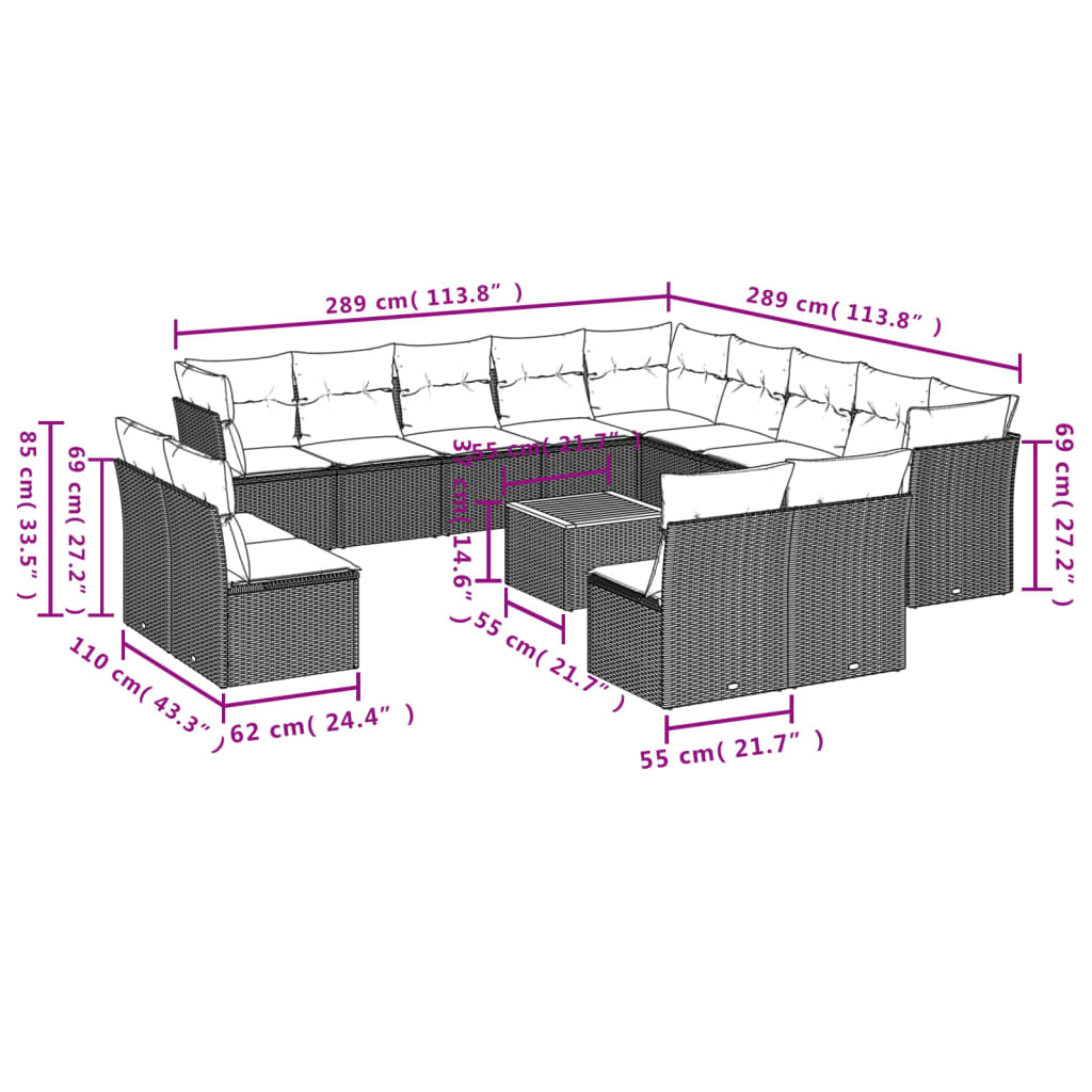 Salon de jardin avec coussins 14 pcs noir résine tressée