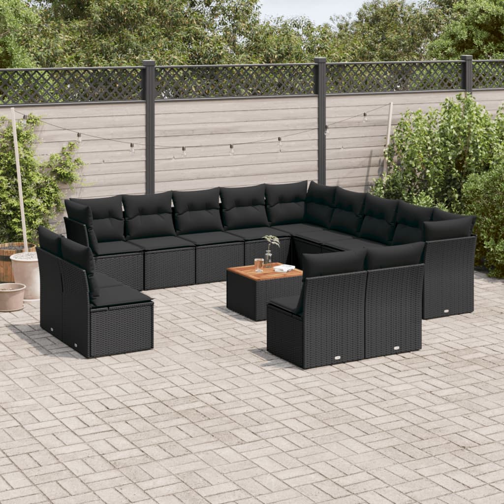 Salon de jardin avec coussins 14 pcs noir résine tressée