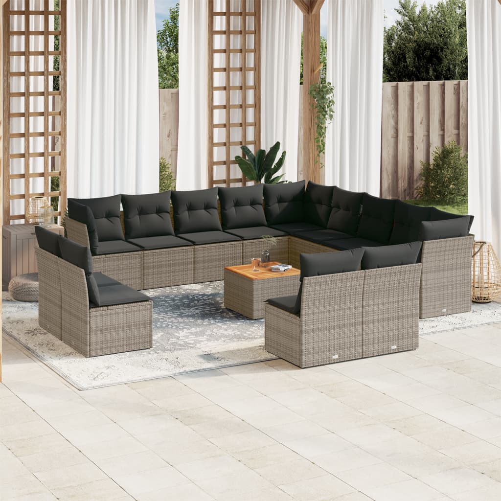 Salon de jardin avec coussins 14 pcs gris résine tressée