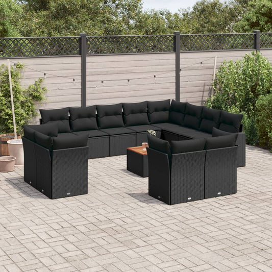 Salon de jardin avec coussins 13 pcs noir résine tressée