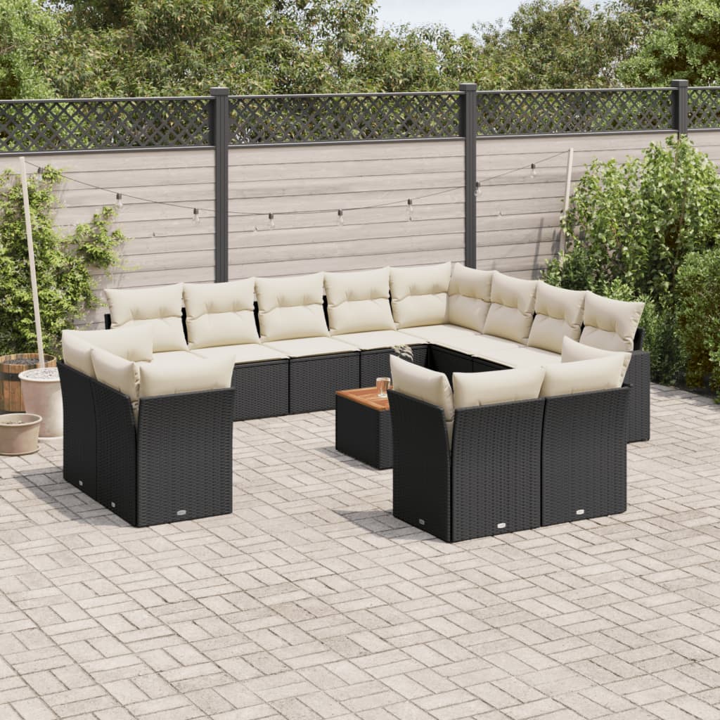 Salon de jardin avec coussins 13 pcs noir résine tressée