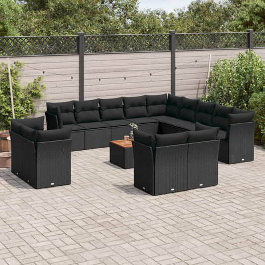 Salon de jardin avec coussins 14 pcs noir résine tressée