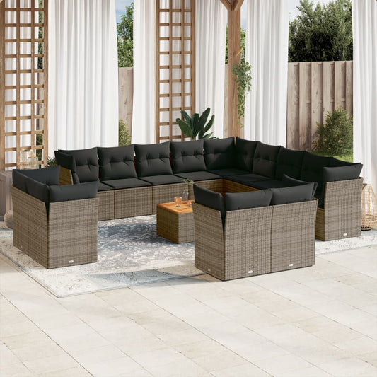 Salon de jardin avec coussins 14 pcs gris résine tressée