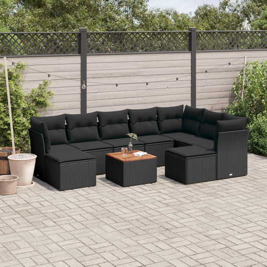 Salon de jardin 10 pcs avec coussins noir résine tressée