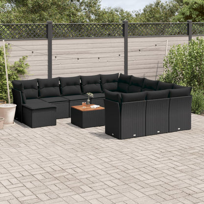 Salon de jardin avec coussins 13 pcs noir résine tressée