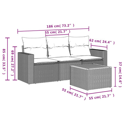 Salon de jardin 4 pcs avec coussins noir résine tressée