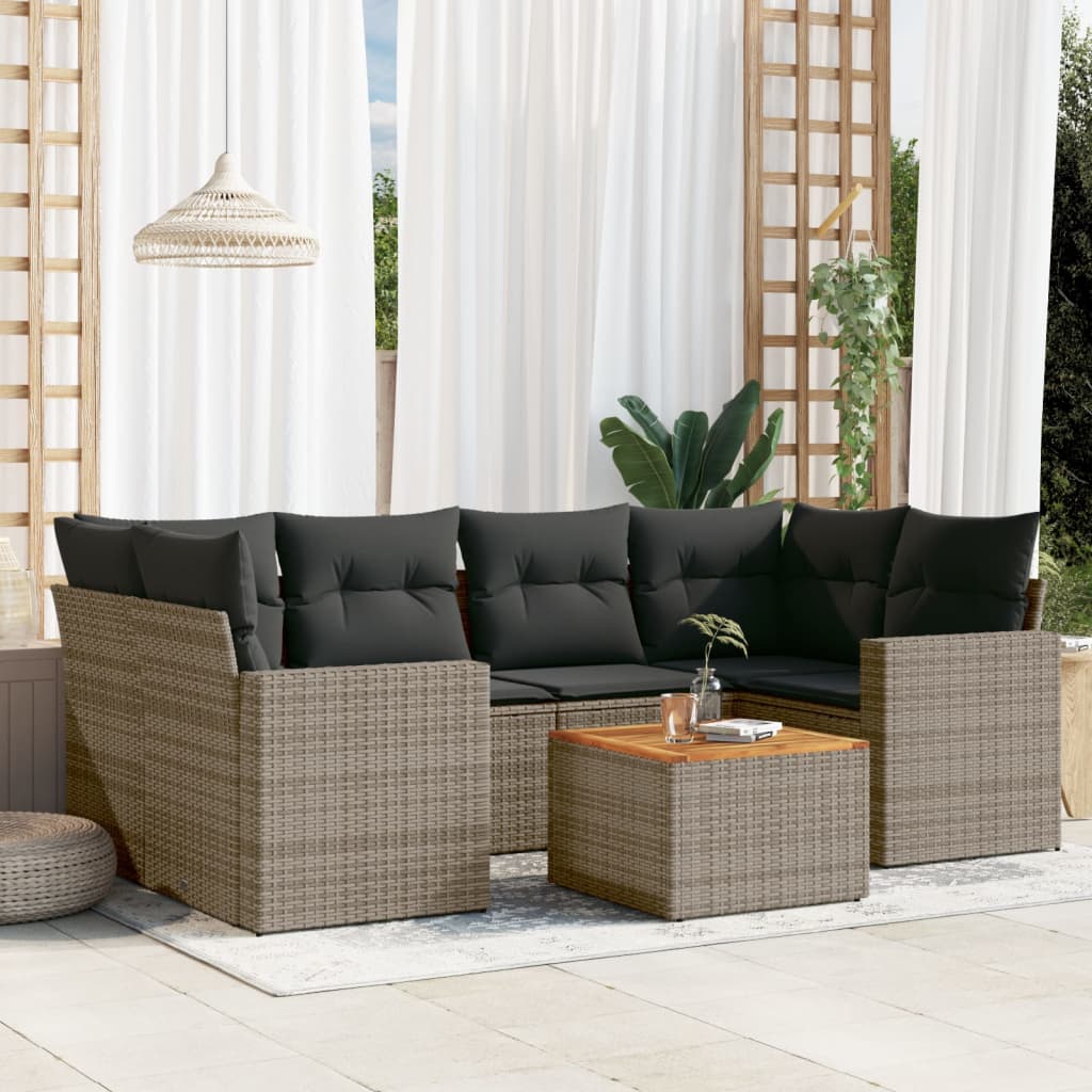 Salon de jardin avec coussins 7 pcs gris résine tressée