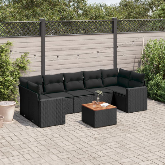 Salon de jardin 8 pcs avec coussins noir résine tressée