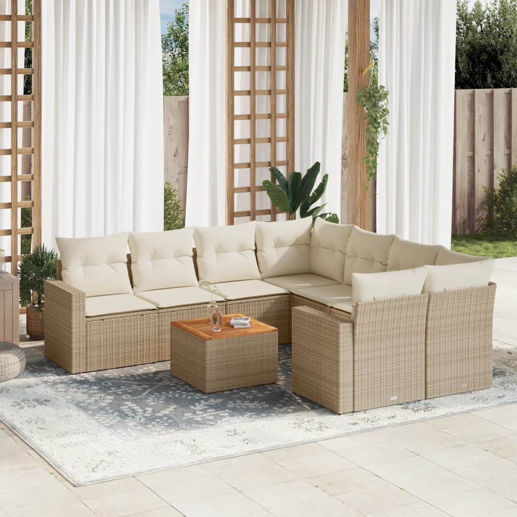 Salon de jardin avec coussins 9 pcs beige résine tressée