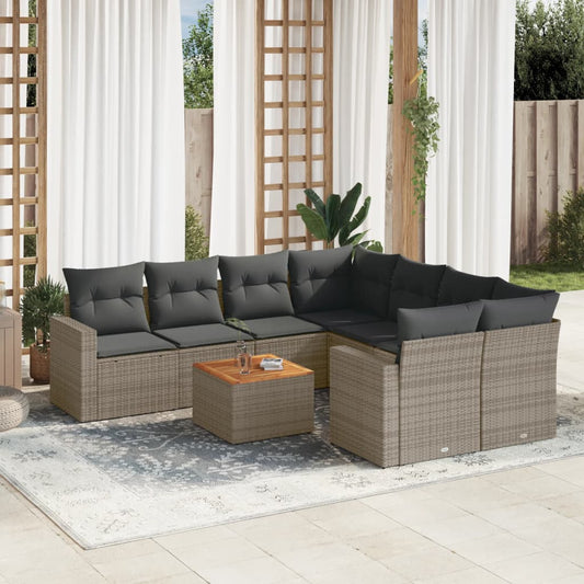 Salon de jardin 9 pcs avec coussins gris résine tressée