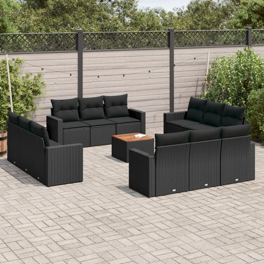 Salon de jardin avec coussins 13 pcs noir résine tressée