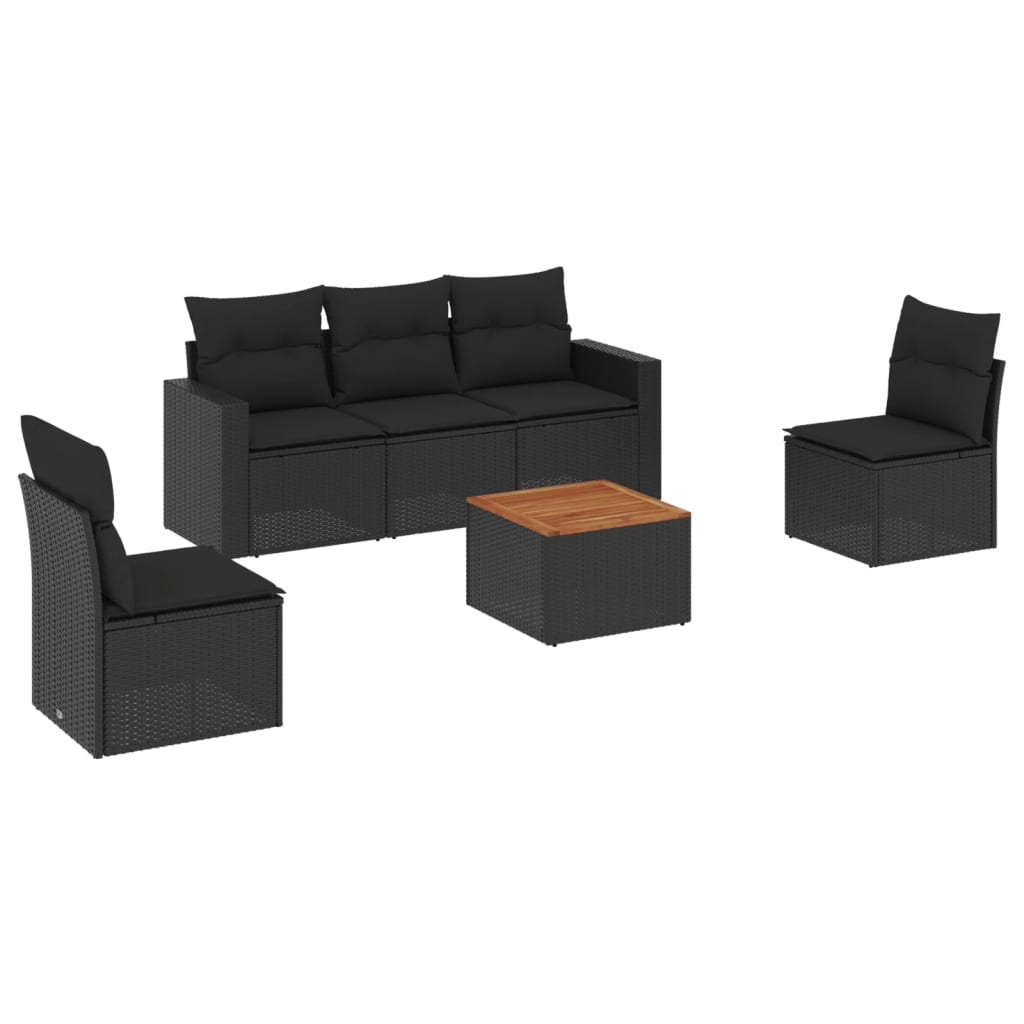 Salon de jardin 6 pcs avec coussins noir résine tressée