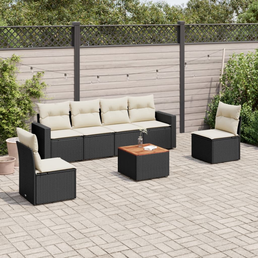 Salon de jardin 7 pcs avec coussins noir résine tressée