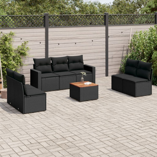 Salon de jardin 8 pcs avec coussins noir résine tressée