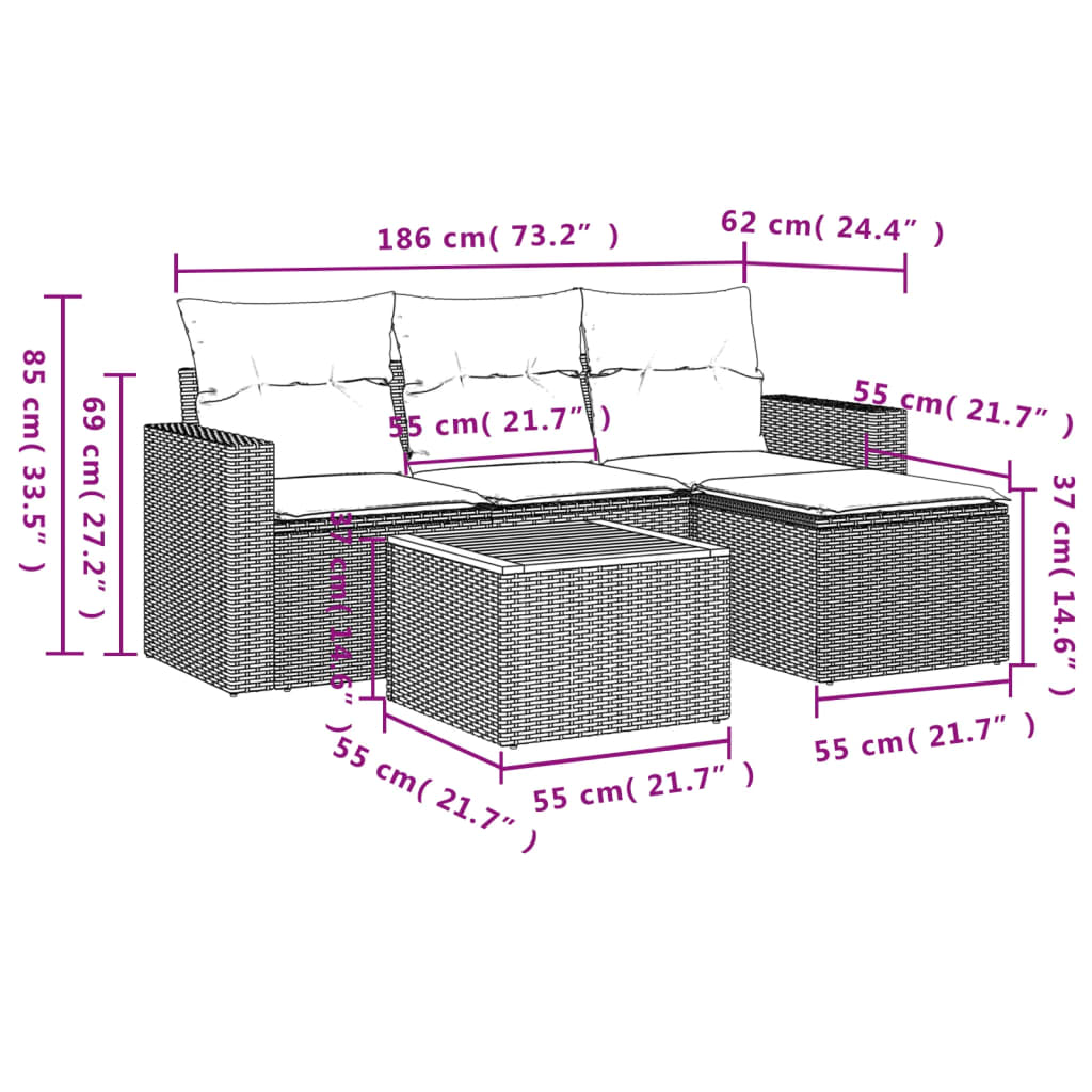 Salon de jardin avec coussins 5 pcs beige résine tressée