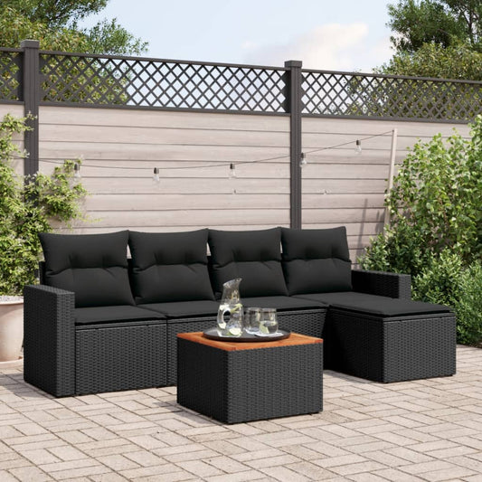 Salon de jardin 6 pcs avec coussins noir résine tressée