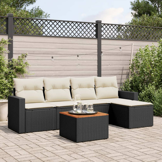 Salon de jardin 6 pcs avec coussins noir résine tressée