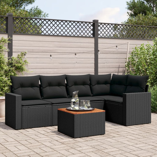 Salon de jardin 6 pcs avec coussins noir résine tressée