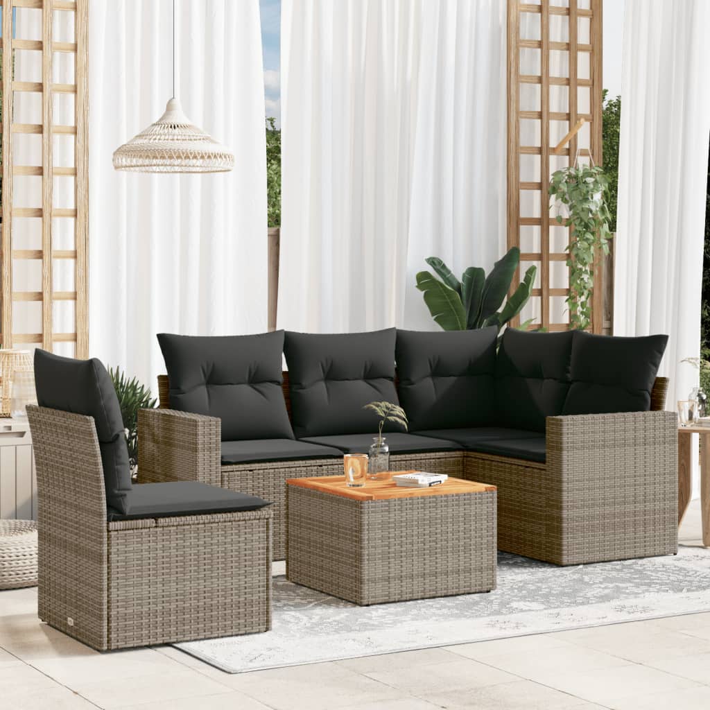 Salon de jardin 6 pcs avec coussins gris résine tressée