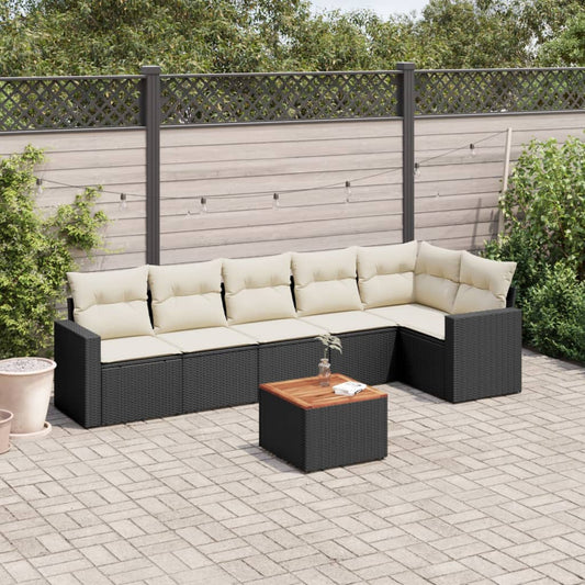 Salon de jardin 7 pcs avec coussins noir résine tressée