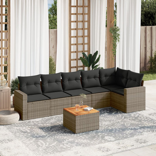 Salon de jardin avec coussins 7 pcs gris résine tressée