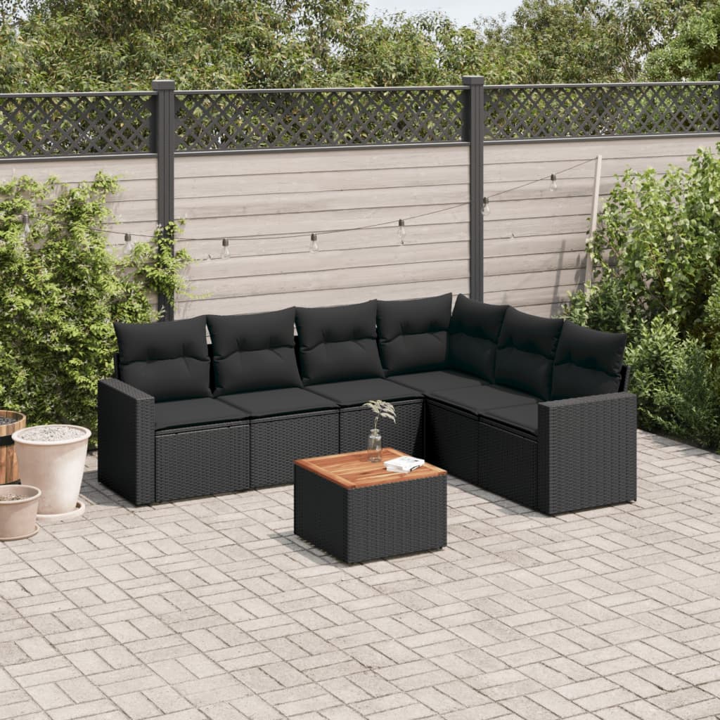 Salon de jardin 7 pcs avec coussins noir résine tressée