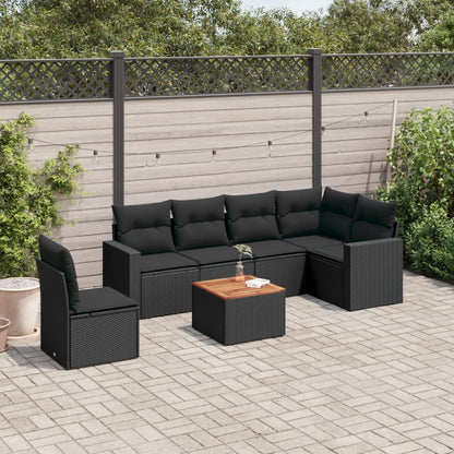 Salon de jardin 7 pcs avec coussins noir résine tressée