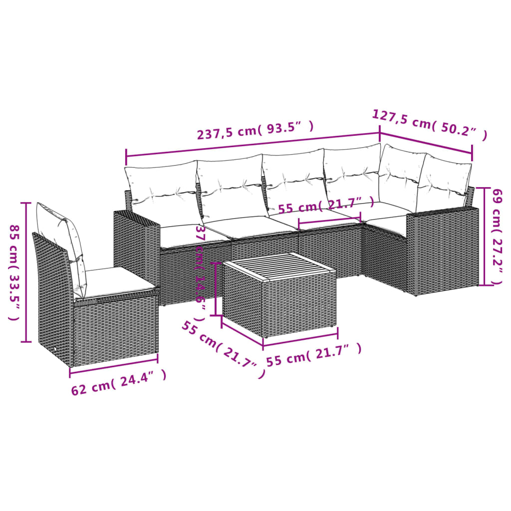 Salon de jardin avec coussins 7 pcs gris résine tressée