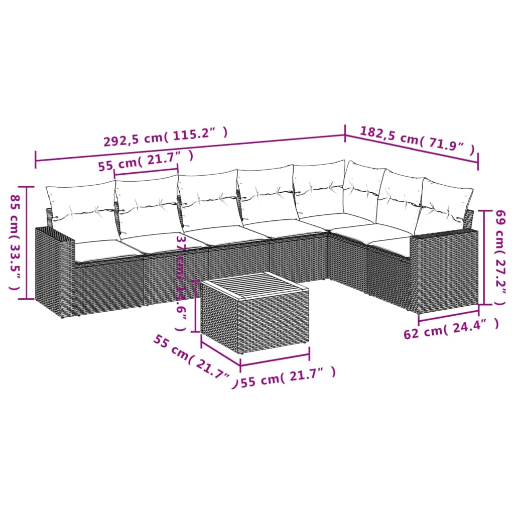 Salon de jardin 8 pcs avec coussins gris résine tressée