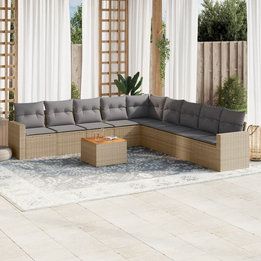 Salon de jardin et coussins 10 pcs mélange beige résine tressée