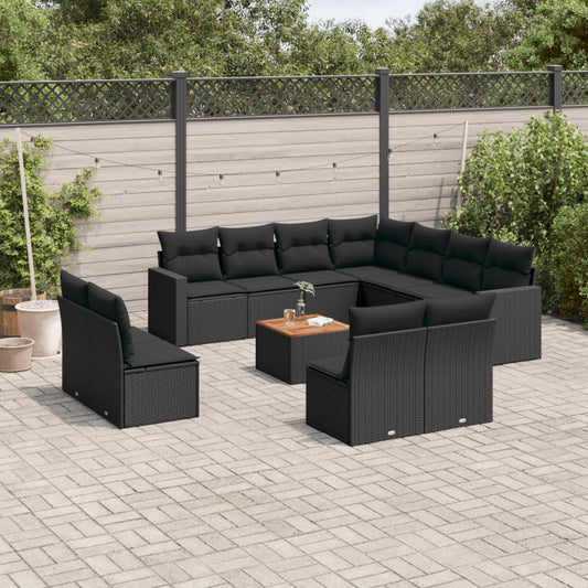 Salon de jardin 12 pcs avec coussins noir résine tressée