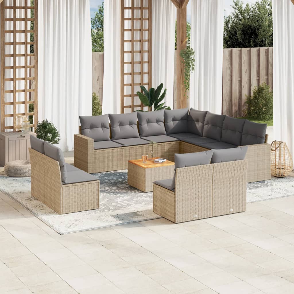 Salon de jardin et coussins 12 pcs mélange beige résine tressée