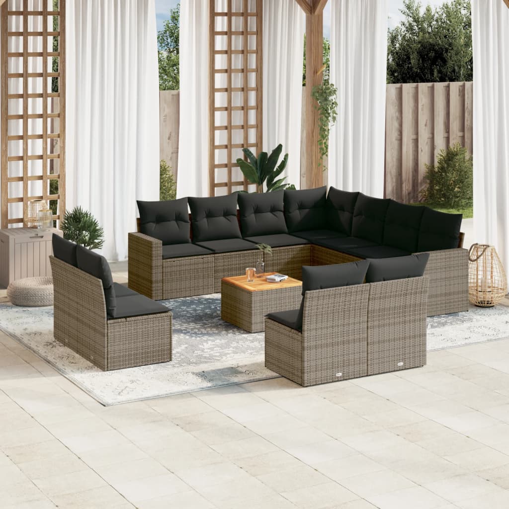 Salon de jardin avec coussins 12 pcs gris résine tressée